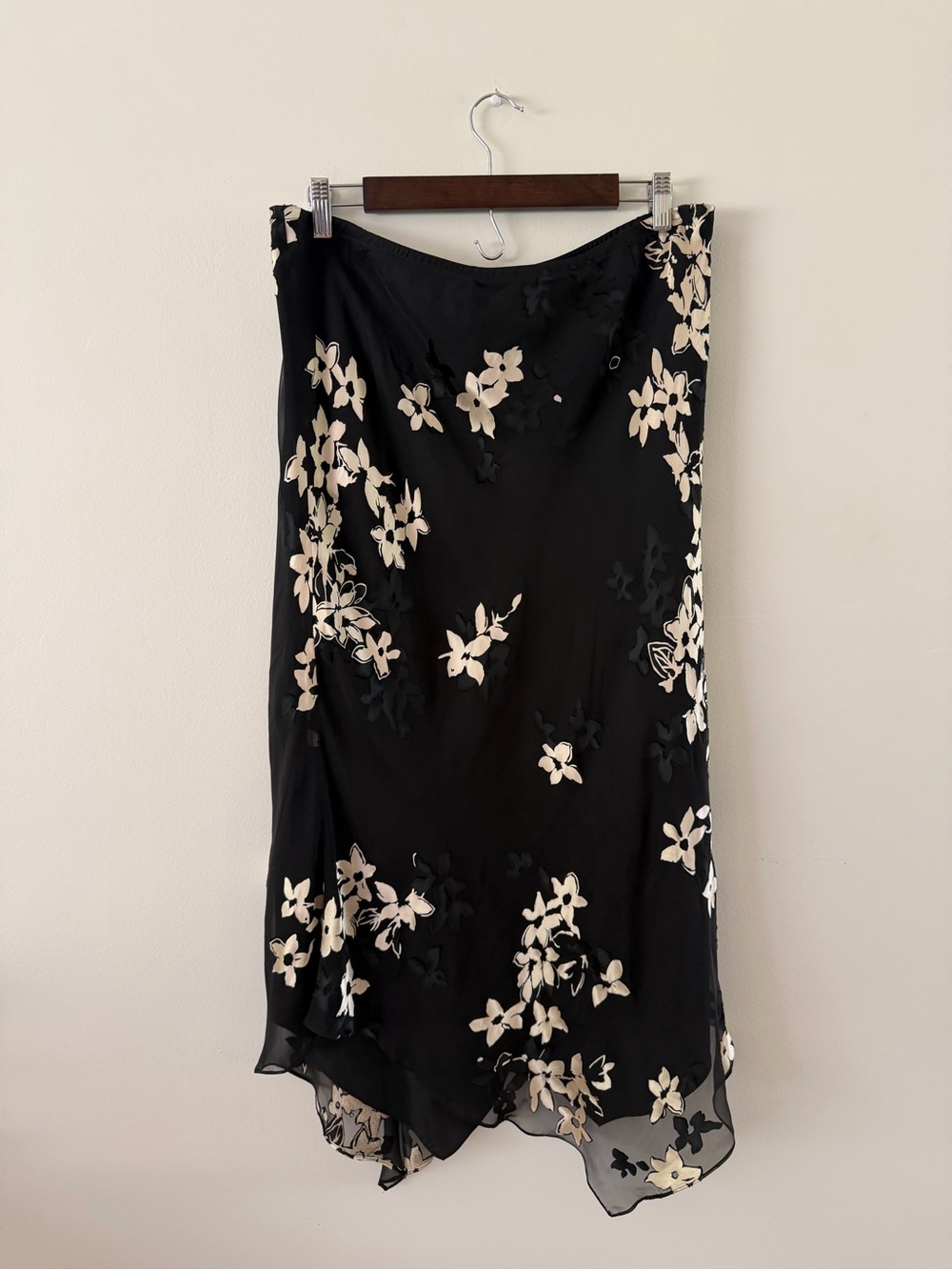 90s Vintage Silk Blend Black Cream Floral Asymmetrical Indie Whimsy Skirt 14